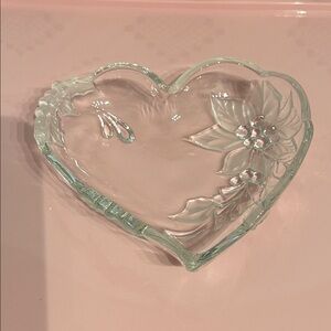 Mikasa Holiday Bloom crystal heart shaped serving dish with a poinsettia pattern